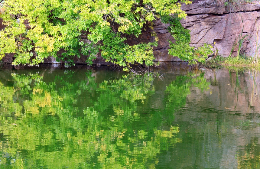 秋天公园的池塘水面反映多彩树木和岩石湖边图片