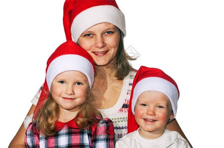圣诞节前快乐的母亲和小男孩女被孤立在白色的上背景图片