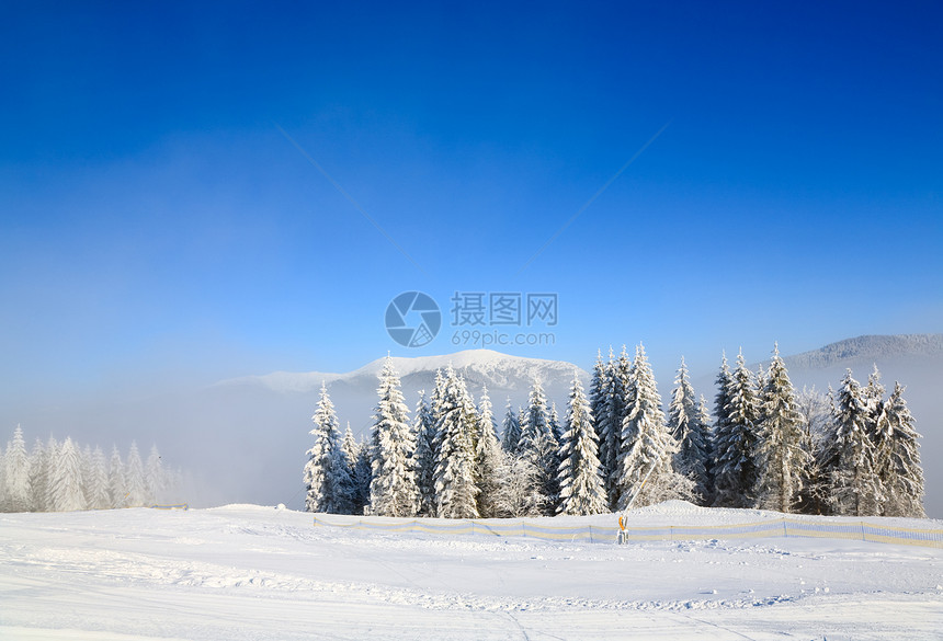 冬季寒冷平静的山地景观和乌克兰Bukovel滑雪胜地图片