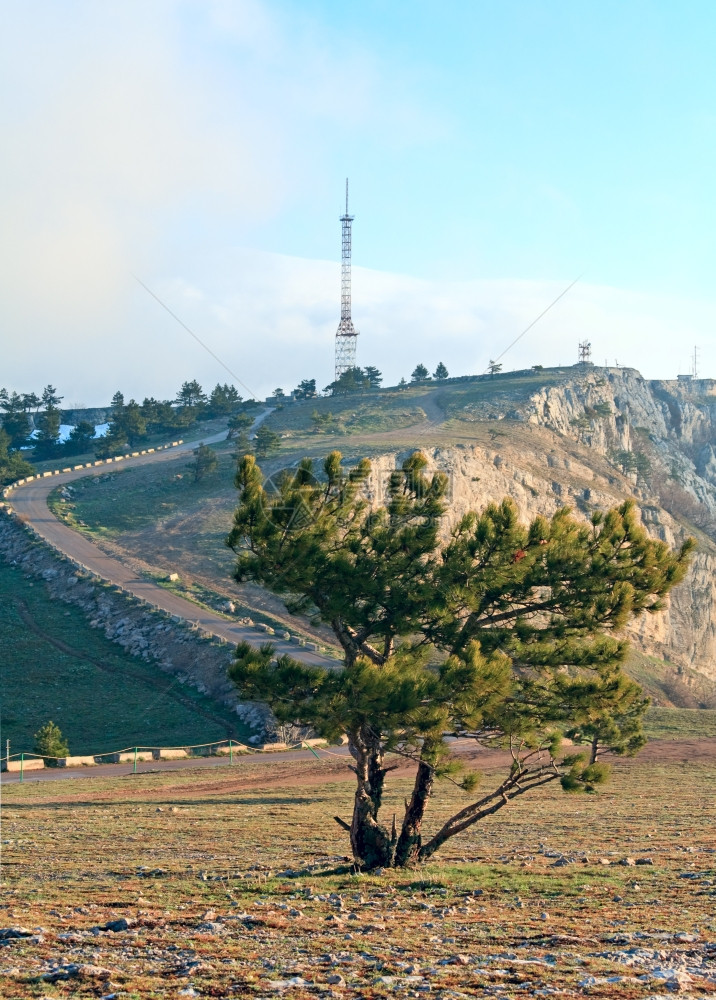 山峰AjPetri山克里米亚乌兰里米亚上的松树和无线电通讯塔图片