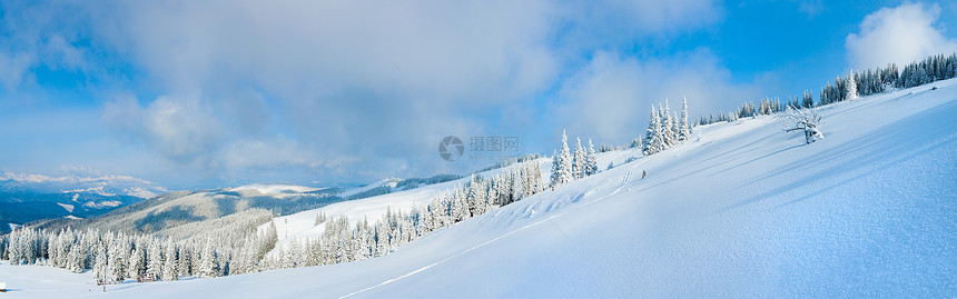 冬季平静的山地风景与坡喀尔巴阡乌克兰的森林和棚屋群图片