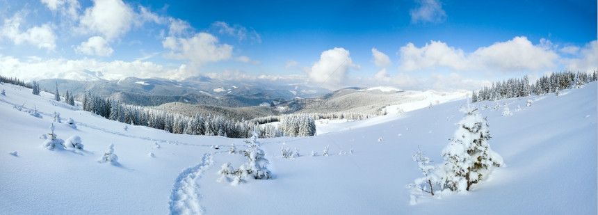 山坡喀尔巴阡乌克兰坡上有森林和棚屋群的冬季平静山地景观三针缝合图像图片