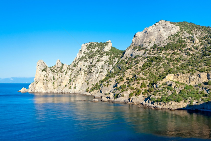 夏天的岩石海岸线长着柔树NovyjSvit保留地犀牛斗篷克里米亚乌兰图片