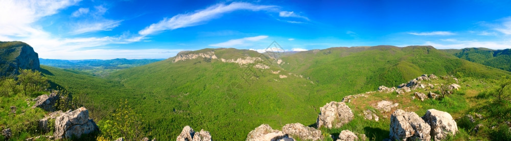 俄亚大村斯普林克里米亚山区乡村全景有山谷和索科利诺耶村乌克兰里米亚大峡谷周围地区八针缝合图背景