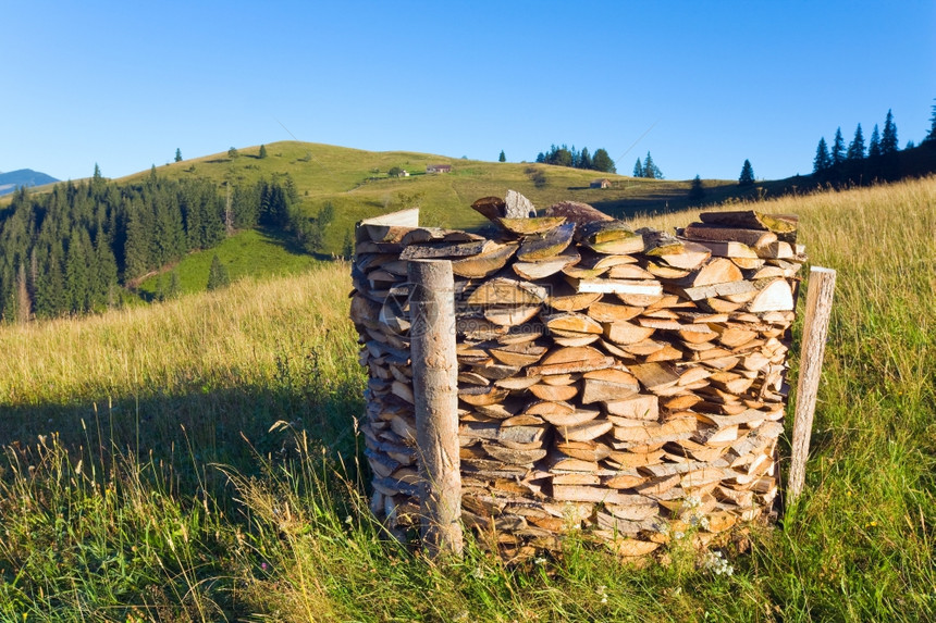 夏季山农场的柴堆乌克兰喀尔巴阡山图片