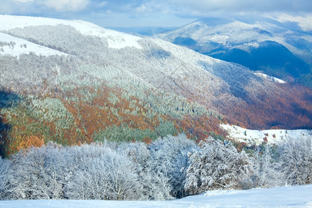 十月山尖森林边缘第一次冬天下雪去年秋在远山边背景