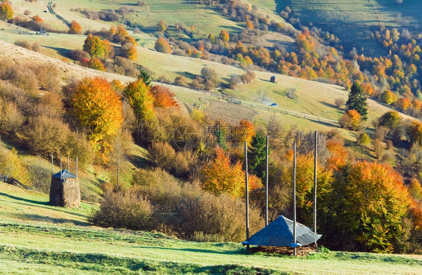 秋天山区风景坡上有干草喀尔巴阡乌克兰图片