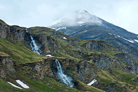 格罗斯洛克纳高阿尔卑斯山路附近的小瀑布背景