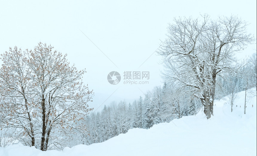 冬季山雾雪瀑布日落图片