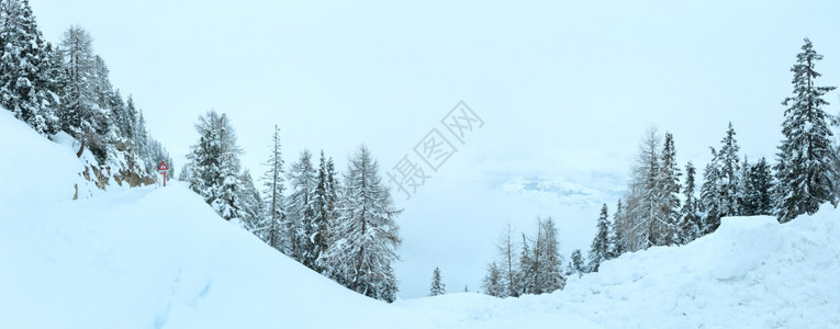 冬雾的山峰枯燥无味的白天雪全景图片