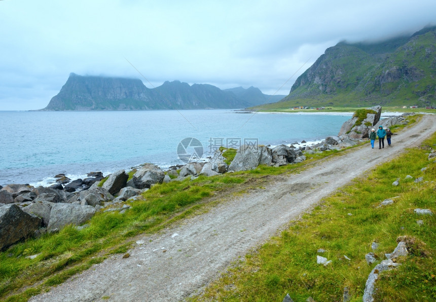 家庭沿Hauklandstony海滩行走夏季观光挪威Lofoten图片