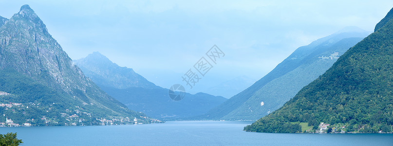 瑞士南部与意大利北边界的卢加诺湖夏季全景背景图片