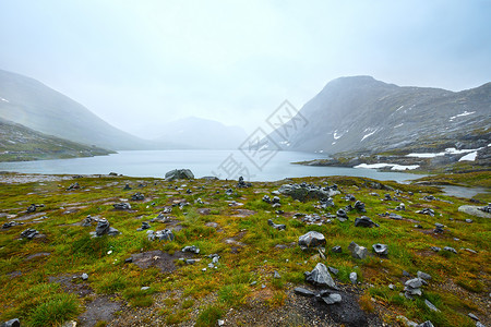 北挪威山泉苔原谷和小湖图片素材