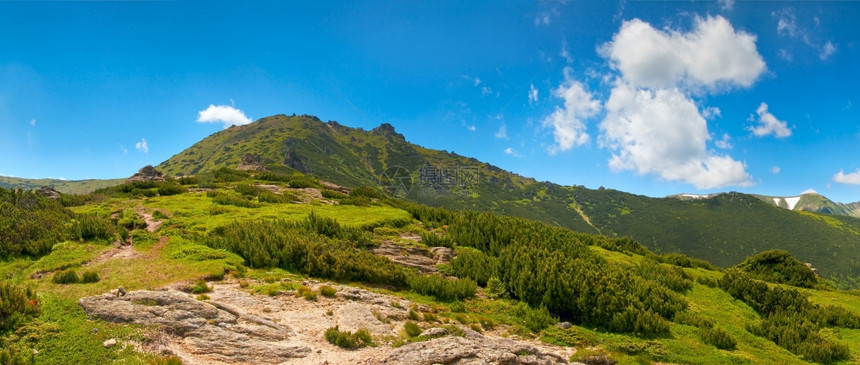 山边有雪和大石头的夏季山景乌克兰喀尔巴阡山图片