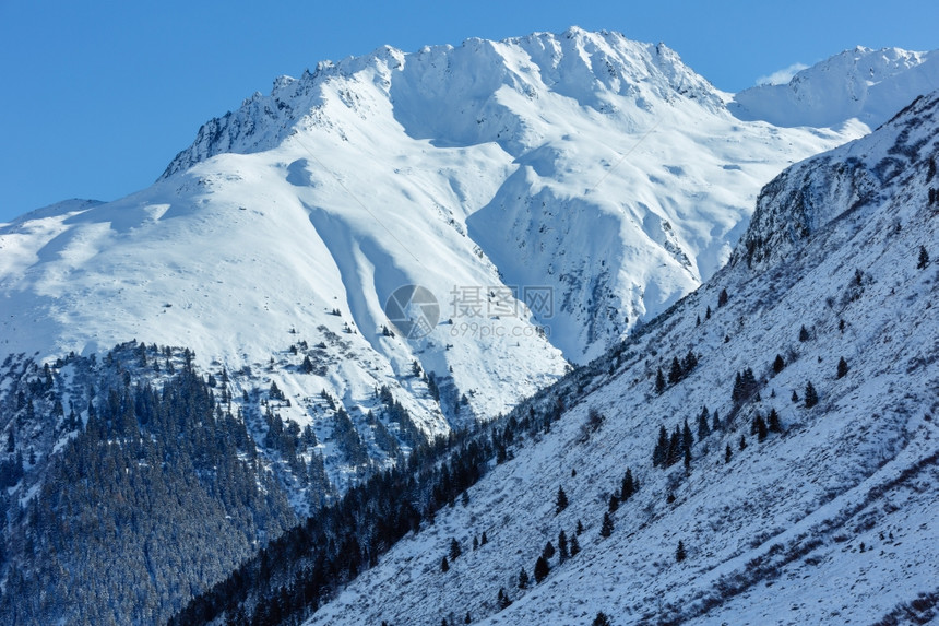 在雪坡上与森林相连的冬季山顶风景奥地利蒂罗尔图片