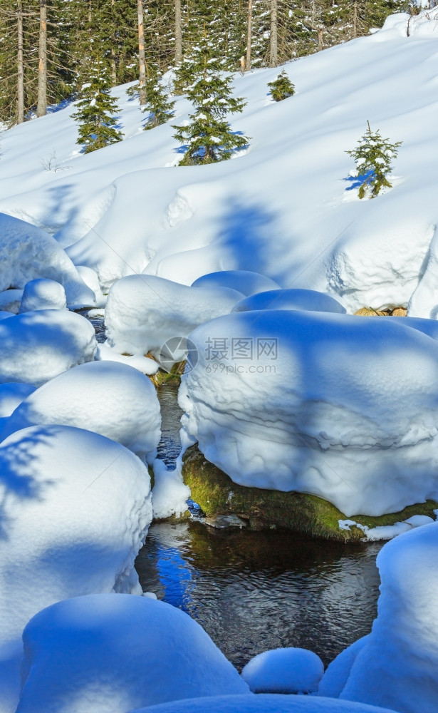 有雪流和森林的小山流图片