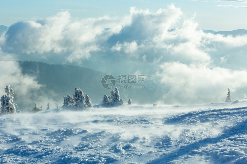 山坡喀尔巴阡上有冰雪壁树喀尔巴阡山的冬季多云地景观图片