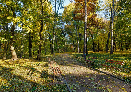 秋天城市公园有徒步道和长椅图片