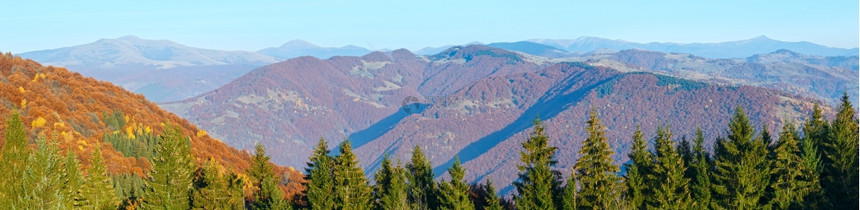 秋色的山岳风景坡上有多彩的树木前面还有壁树图片