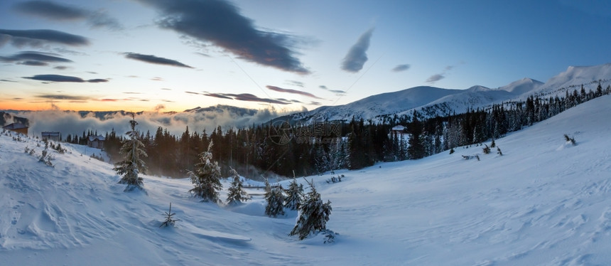日出冬季山区风景坡上有云房屋和fir树喀尔巴阡山图片