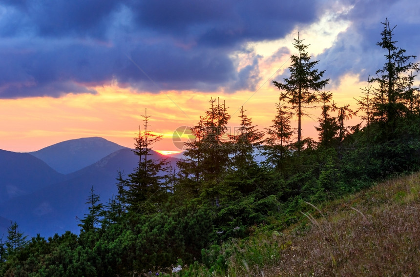 傍晚天空有云背景的山地轮廓夏季日落的阴暗景色喀尔巴阡山乌克兰图片