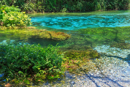 蓝眼泉水有清晰的蓝色夏季水景靠近阿尔巴尼亚Vlore县的Muzine背景图片