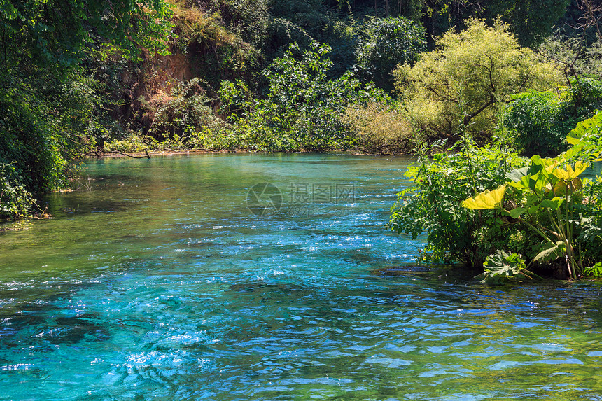 蓝眼泉水有清晰的蓝色夏季水景靠近阿尔巴尼亚Vlore县的Muzine图片