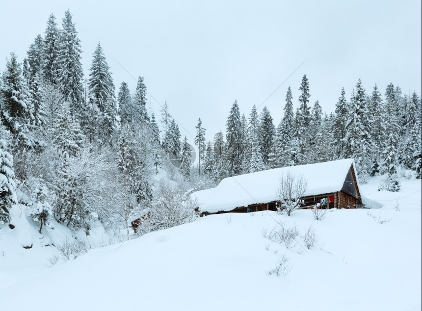 乌克兰喀尔巴阡山冬季坡的Woodenhouse和雪地森林图片