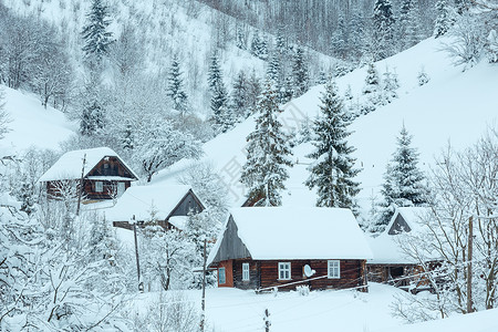 冬季山村乌克兰喀尔巴阡山坡上的木屋和林图片