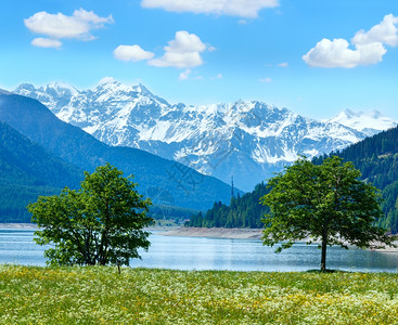 雷谢西或湖夏季风景草地茂盛云彩蓝意大利图片