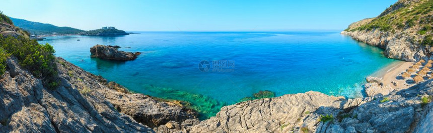 爱奥尼亚海岸顶端的边风景阿尔巴尼亚海滩四针缝合全景图片