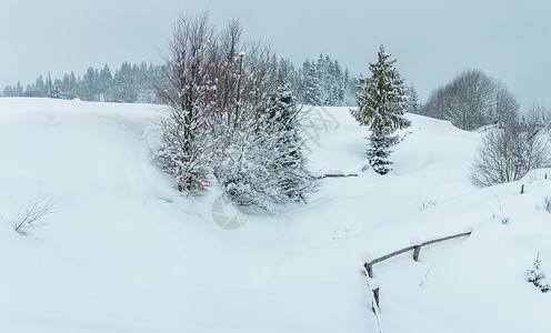 有雾霾素材冬季降雪,喀尔巴阡山风景,有雪树三缝合高分辨率全景。背景