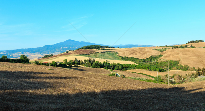 蒙特普尔契亚诺地区的托斯卡纳夏季清晨农村地区美丽的景色意大利地区托斯卡纳山小麦田橄榄园葡萄的典型情况图片