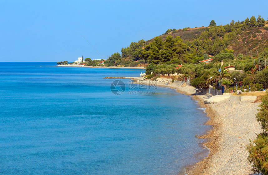 夏季海岸早上风景卡桑德拉半岛哈尔基迪希腊图片