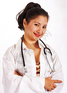 微笑的医生与胸颈周围的立体镜图片