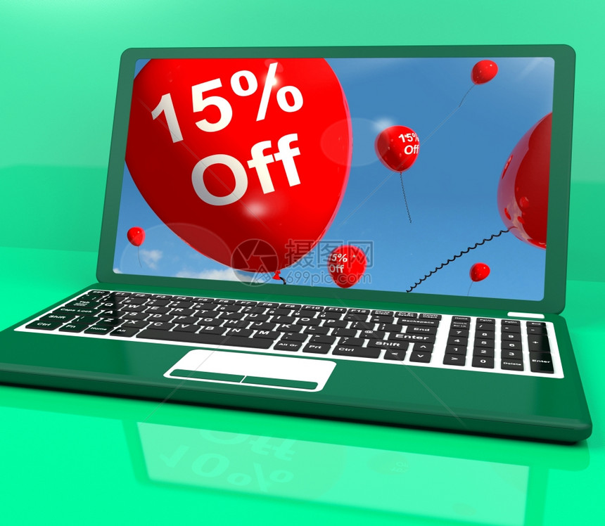 计算机显示15个百分点在线销售折扣的气球计算机显示销售折扣的气球图片