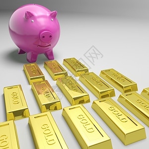 躺在金子上猪在金条上看的猪银行展示黄金储备或蓄设计图片
