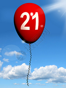 天空中的红气球庆祝或派对21个彩气球秀21个生日庆典21个生日快乐庆典背景图片