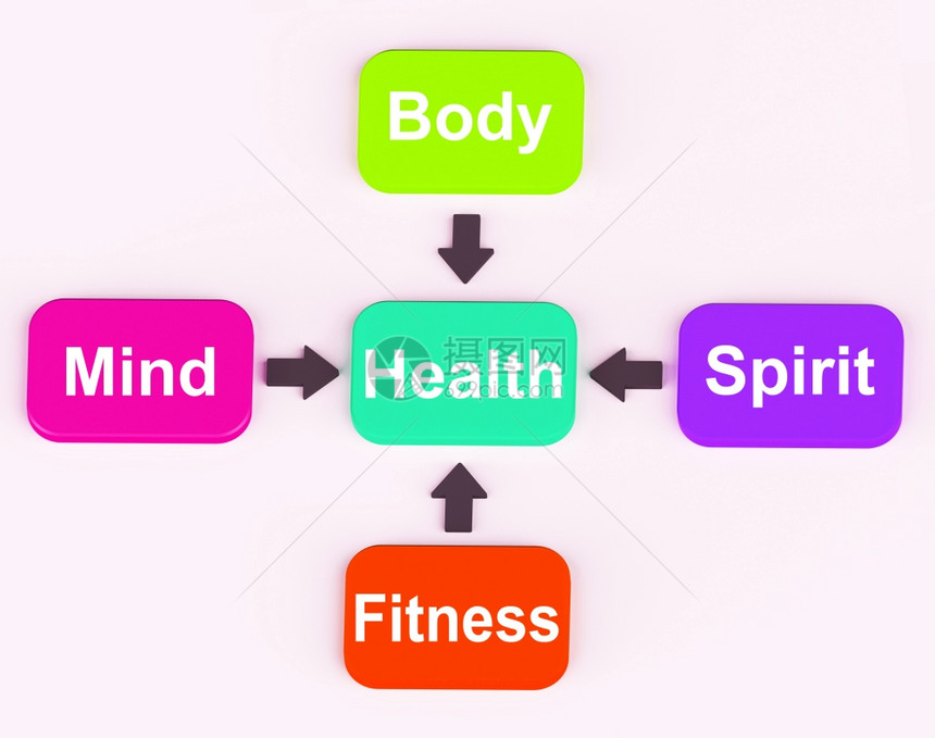 带四箭显示程序或说明的多彩图表显示精神身体和健康的图表图片