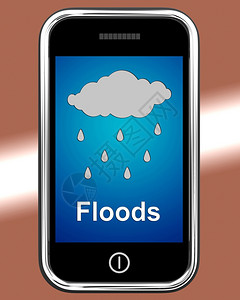 移动电话显示雨天气预报电话显示雨造成洪水和背景图片