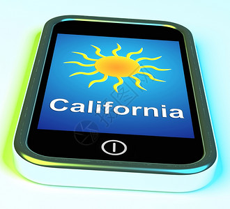 移动智能手机显示阳光天气预报加利福尼亚州和太阳在电话上意味着金州大天气背景图片