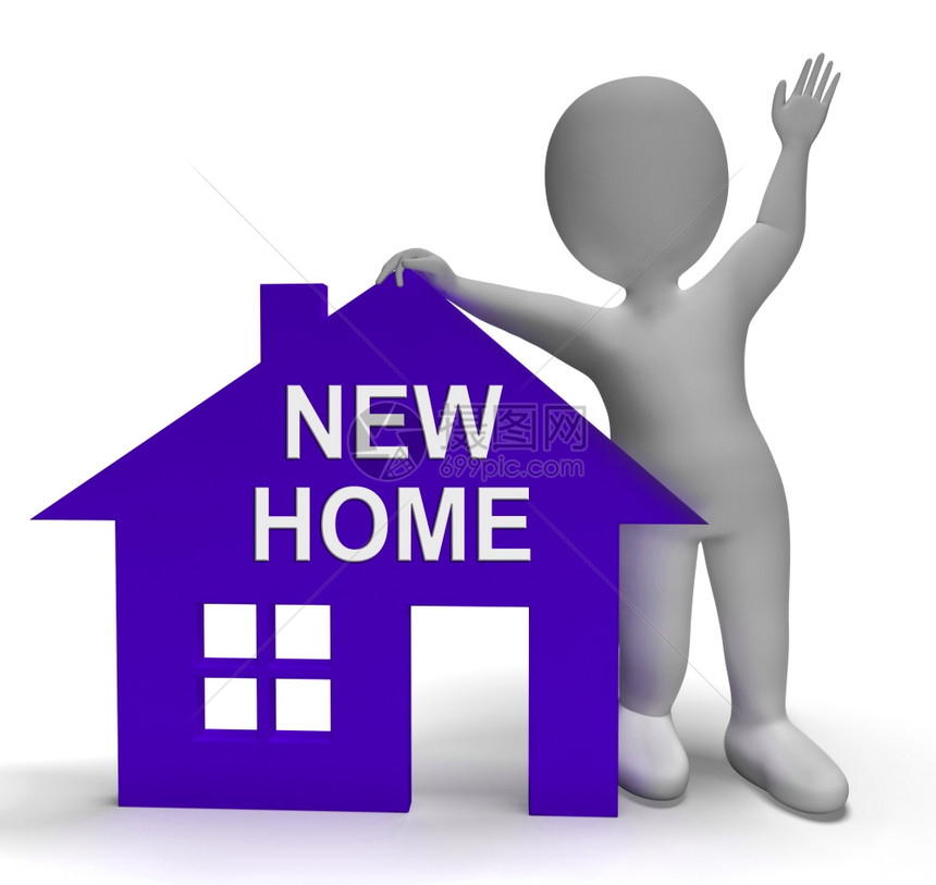房屋标志和3D字符显示房地产新的家庭房屋显示购买财产和搬入图片