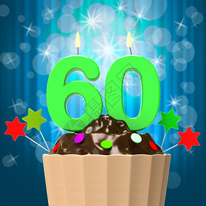 六十支蜡烛放在纸杯蛋糕上意味着六十周年的生日和庆祝图片
