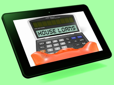 房屋贷款计算器显示抵押贷款和银行的平板图片