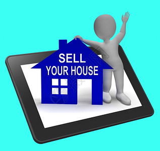 房屋符号和3D字显示房地产出售你家的用平板显示市场产权图片