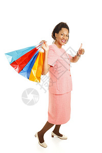 美丽的非洲女人拿着购物袋给拇指印全身都是白的背景图片