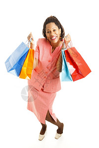 兴奋的非洲美妇女拿着购物袋全身被白色隔离图片