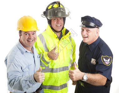 友善的蓝领工人消防员警察建筑工人举起拇指标志图片