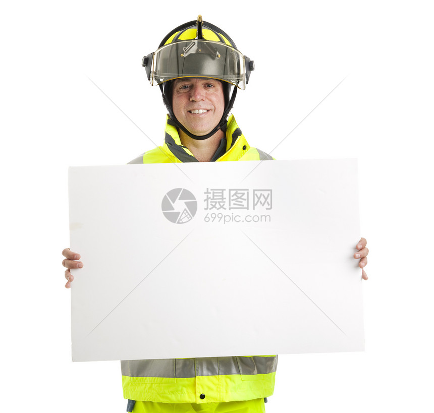消防员手持空白标志孤立在色上有文字空间图片