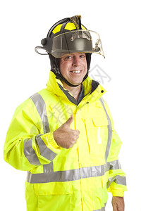 友善的消防员举起大拇指标志孤立在白色上图片